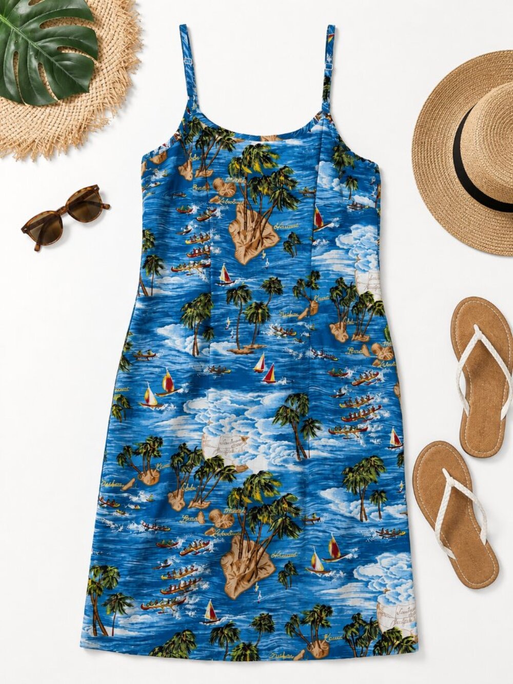 Hilo Hattie Hawaiian Dress Size 14 Blue Tropical Island Print Sundress
